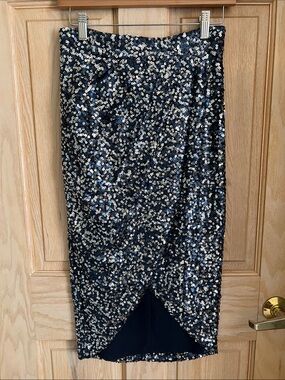 Eliza J Navy and Silver Sequin High-Low Tulip Skirt